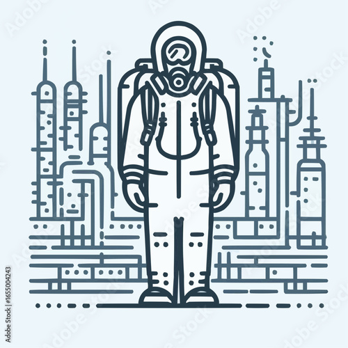 Person in protective suit standing in industrial environment, vector line art