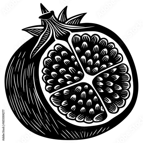 Artistic Pomegranate Illustration: A captivating illustration of a cut pomegranate, showcasing its rich textures and inviting the viewer to discover the world of flavors within.