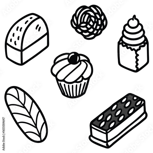 Whimsical hand-drawn collection of delicious desserts and pastries