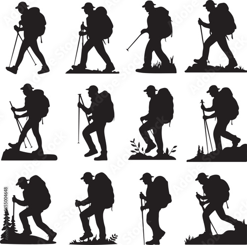 Collection of diverse silhouette poses of hikers with backpacks and poles trekking walking