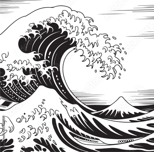 Iconic Japanese woodblock print style large wave with Mount Fuji in background ocean water