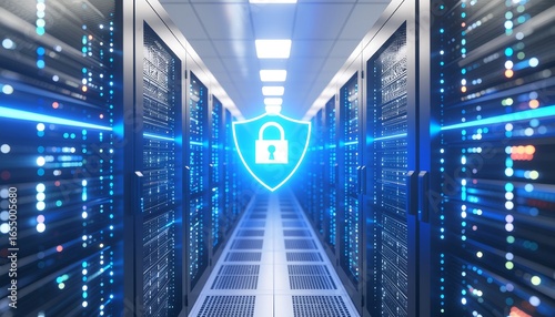 Secure Data Center with Glowing Shield and Server Racks