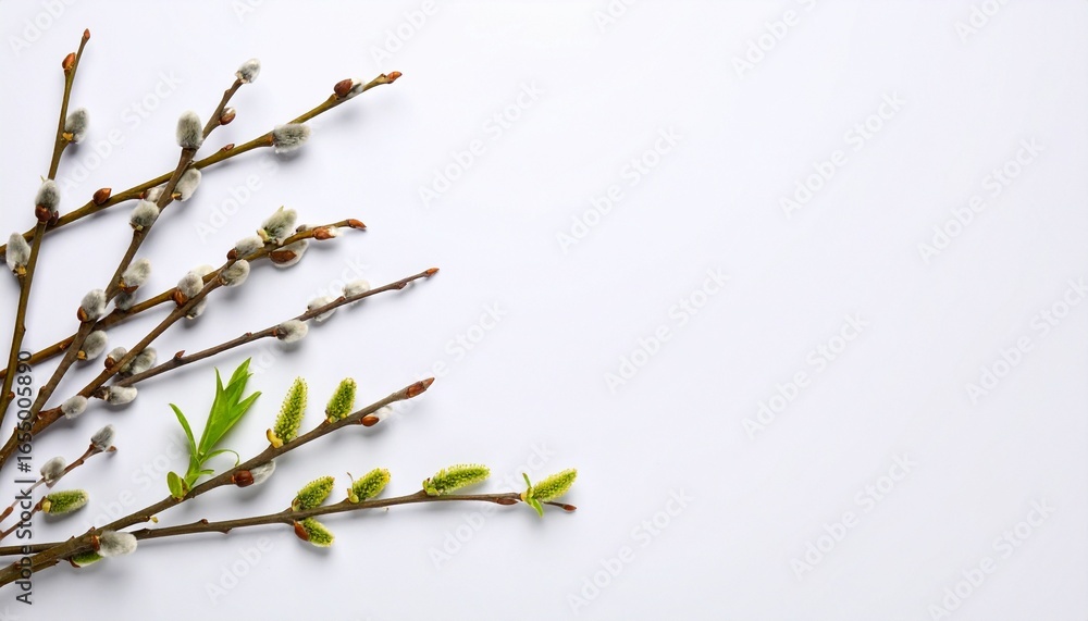 Fototapeta premium Assorted budding branches and sprouting leaves arranged on a clean white background.