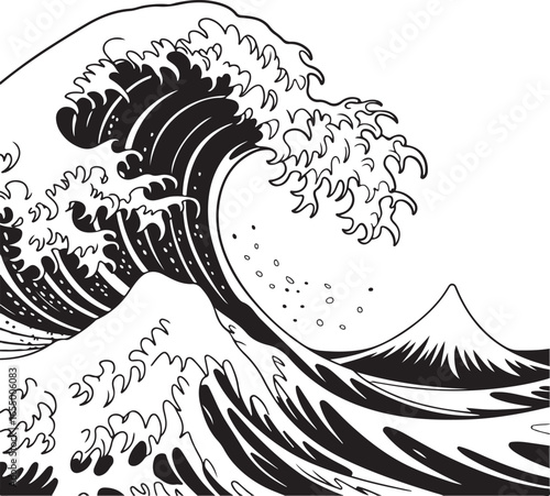 Close Up of Japanese Great Wave with Mount Fuji Black and White Illustration japanese wave hokusai