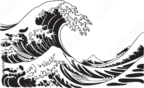 Japanese Great Wave with Mount Fuji and Boats Black and White Illustration japanese wave hokusai