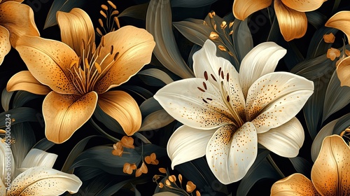 Golden Lily Floral Vintage Print, Elegant and Timeless Floral Design. -