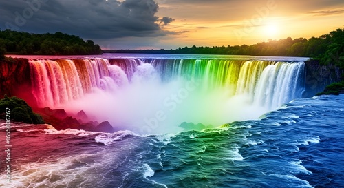 Fantasy Waterfall with Rainbow Colors, Dreamlike Nature Landscape
