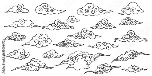 Asian cloud set. Collection of oriental clouds. Vector clip arts in oriental chinese, japanese, korean style. Line hand drawn illustration isolated on white background