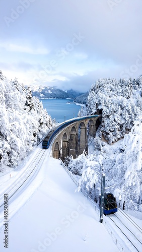 Snowy train on a mountain bridge