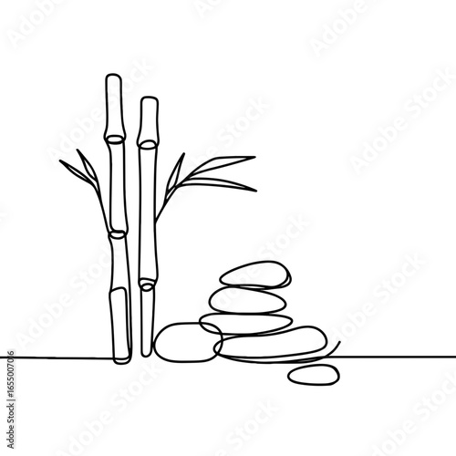 Bamboo sticks and stones illustrated in minimalist line art style  
