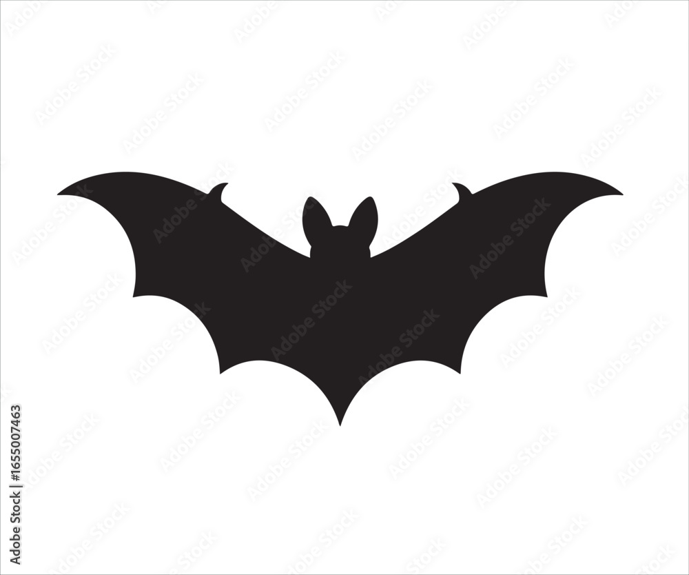 Fototapeta premium Black bat silhouette icon, Halloween symbol, flying bat, spooky creature, vector illustration of bat wings, nocturnal animal, mysterious, eerie design for Halloween