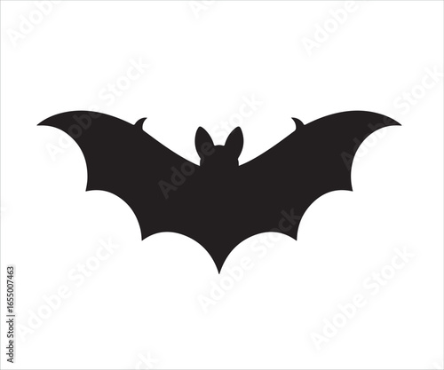 Black bat silhouette icon, Halloween symbol, flying bat, spooky creature, vector illustration of bat wings, nocturnal animal, mysterious, eerie design for Halloween