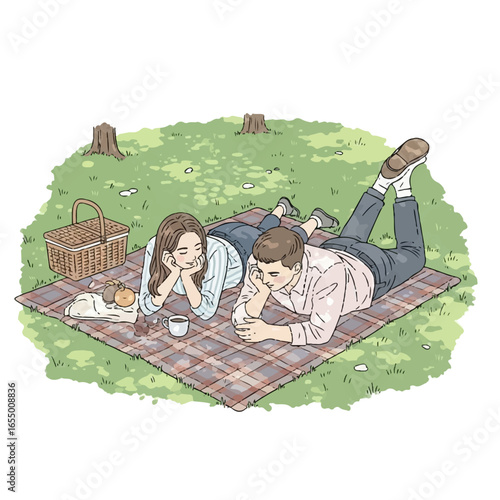 Vector illustration of a couple or friends having a picnic in the park