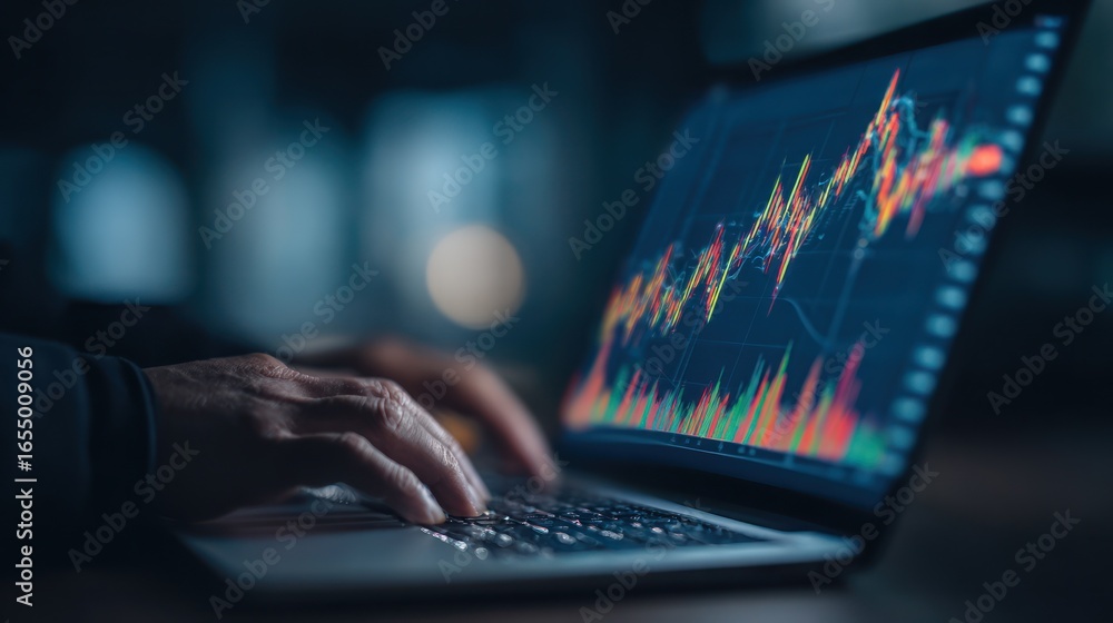 Fototapeta premium Laptop displaying stock chart, hands typing, blurred dark background