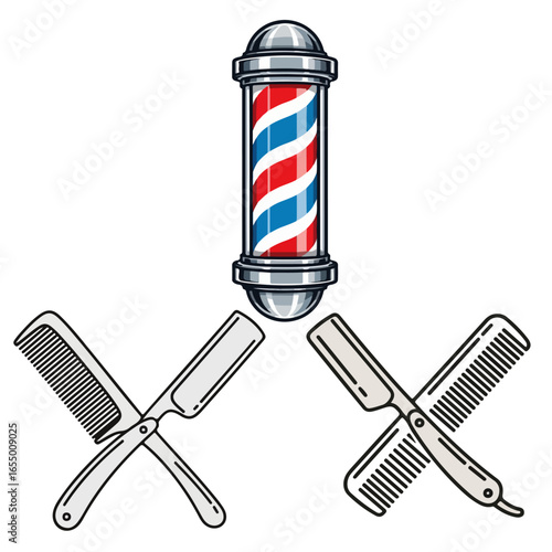  Barber Shop Vector Icon with a Barber Pole and Two Crossed Straight Razors