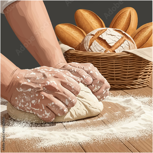 Rustic Baking Vector Scene of a Baker Kneading Dough with a Bread Basket