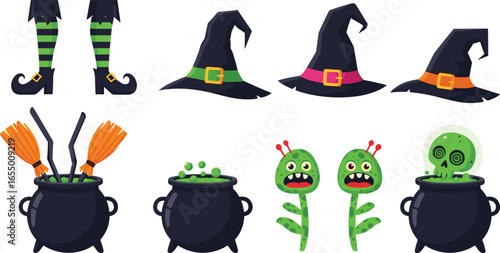 Halloween cartoon icons set with witch hats, legs, cauldrons, potions, brooms, monsters, and spooky skulls, perfect for decorations