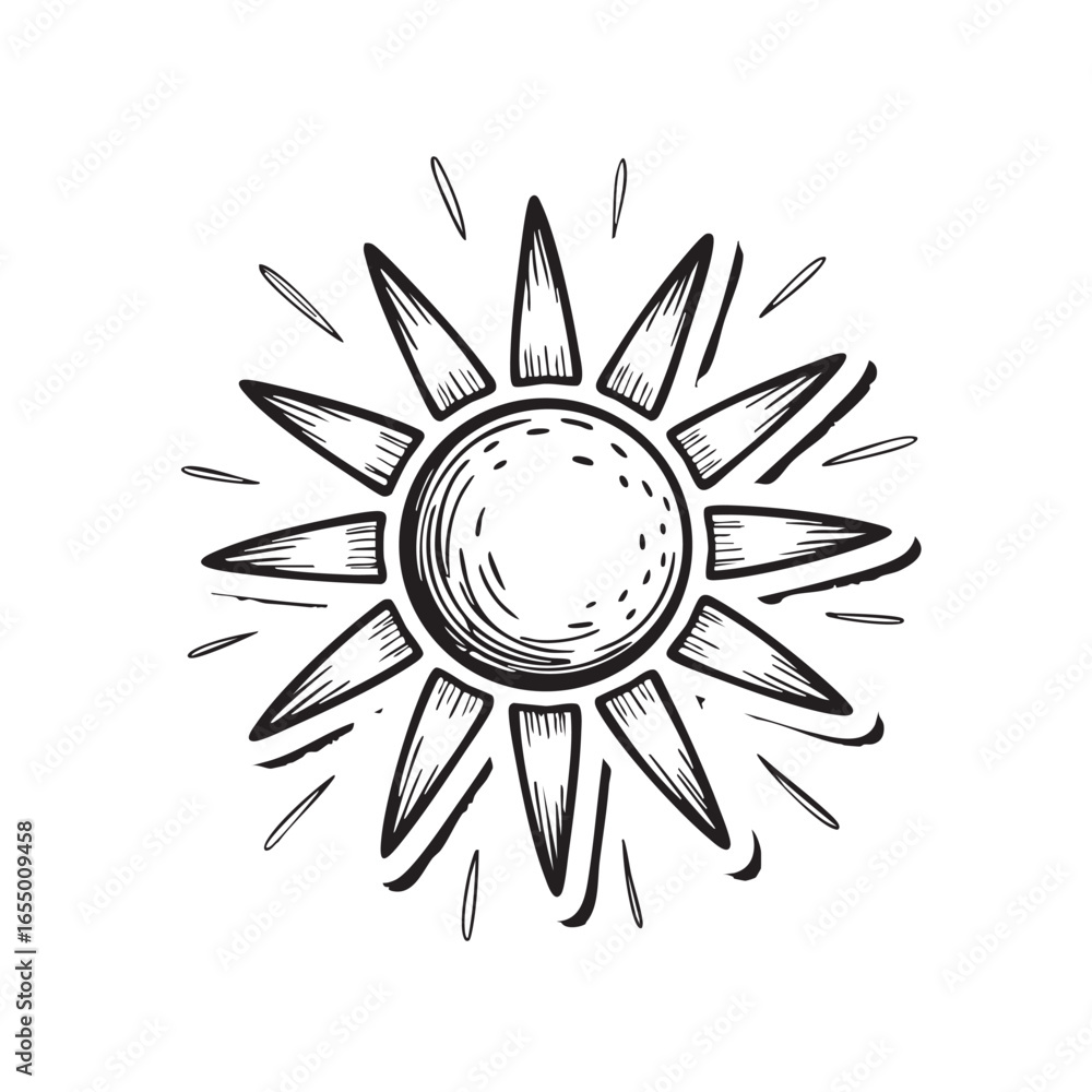 Naklejka premium Hand drawn sun illustration with thick black outlines and radiating light on a white background