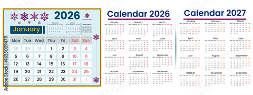 Modern 2026 and 2027 year English vector calendar in monthly layout. Latest English calendar week starts Monday to Sunday. Holidays in calendar are red colour. 2026 and 2027 English calendar design