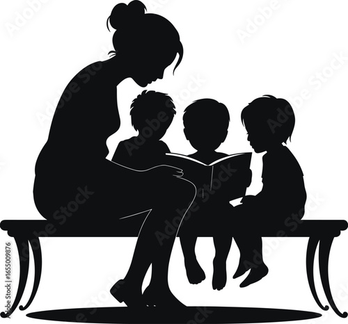 Silhouette of woman reading book to children, family bonding moment, educational scene, nurturing illustration, storytelling session, learning together, teaching kids.