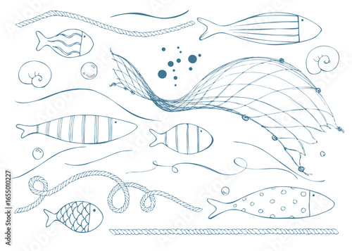Assorted marine elements fish, ropes, nets, waves and bubbles in unified ink palette for flexible composing. Hand-drawn ink line art illustration. Clip art set for logos, cards, stickers and DIY.