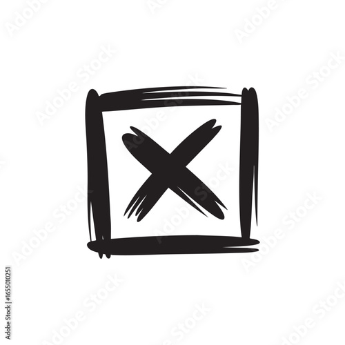 A simple black and white image of a hand drawn x mark inside of a square shape on a white background