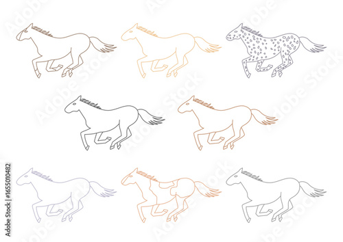 走る馬の品種のベクターイラストセット(線画)