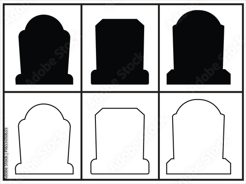 Tombstone Icon set. Symbol isolated white background.Set of tombstone icons in silhouette and outline style. Includes various gravestone shapes for cemetery, Halloween, or memorial design. 