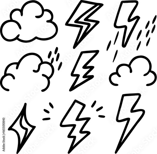 Collection of hand drawn storm and lightning symbols