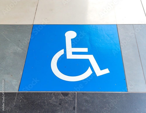 Wheelchair symbol on blue painted floor tiles