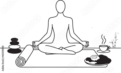 Mindful Living Hand-Drawn Line Icon Pack Meditation Mat, Spa Stone, Yoga Pose, Healthy Food, Nature Mountain, Tea Cup, and Relaxation Elements