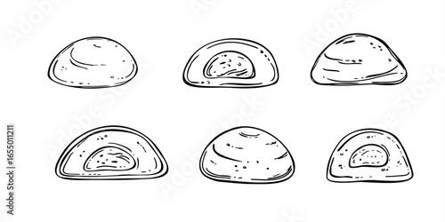 Black and white vector set of mochi in various shapes. Whole, halved daifuku clip art. Traditional Asian dessert, sweet candies. For packaging, food blog, Japanese cuisine, culinary illustration