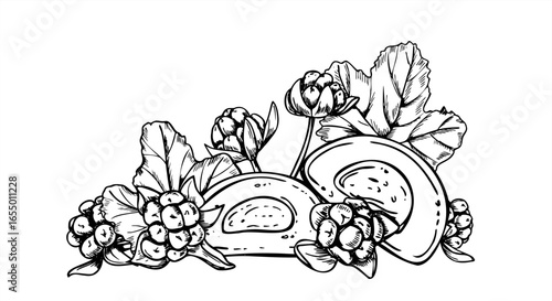 Sweet Asian rice desert with cloudberry monochrome vector illustration painted by black inks. Half mochi and blackberries graphic sketch. Filling candy for poster, packaging, label, invitation