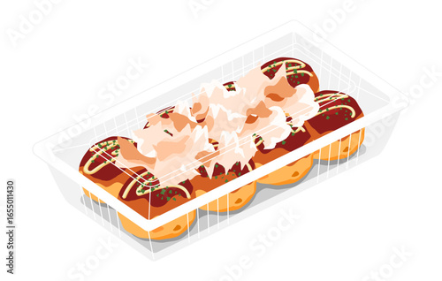 斜め上から見た鰹節をかけたたこ焼きのイラスト　8個　フードパック