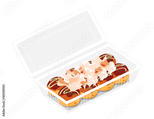 斜め上から見た鰹節をかけたたこ焼きのイラスト　8個　フードパック