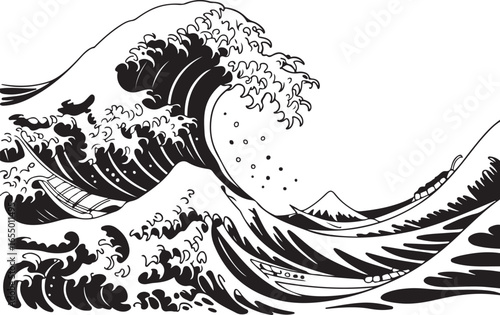 Japanese Great Wave with Mount Fuji and Boats Black and White Illustration ocean water