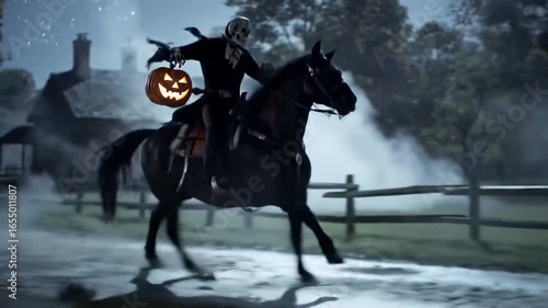 A spooky depiction of the Headless Horseman riding a dark horse through a foggy night, carrying a glowing pumpkin.