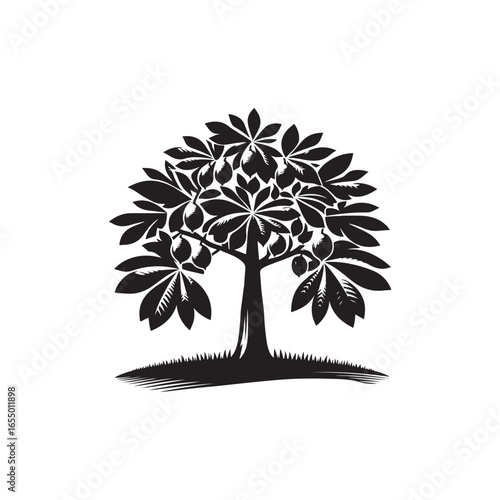 Black Color Chestnut Tree Silhouette Vector Illustration, Solid White Background.