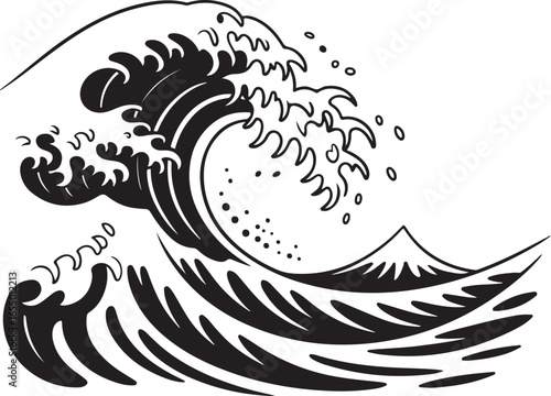 Japanese Great Wave with Mount Fuji Silhouette Black and White Vector Art Keywords: ocean wave, great