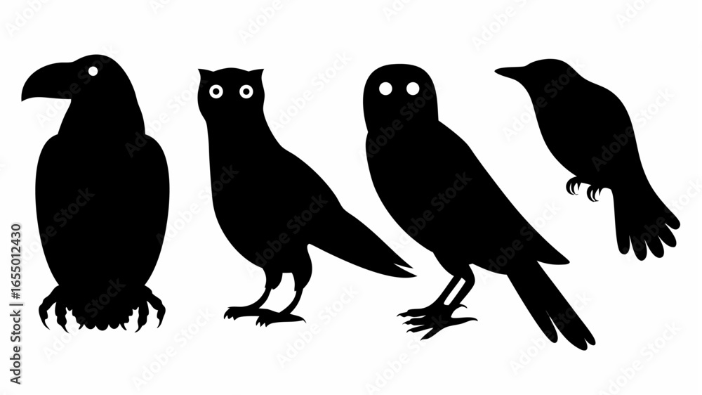 Fototapeta premium Four distinct bird silhouettes featuring an eagle, two owls, and a crow standing in a row formation | editable eps vectors