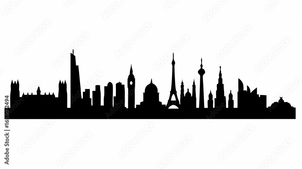 Fototapeta premium Black silhouette of various famous city skylines and landmarks on a white background design vector | editable eps vectors
