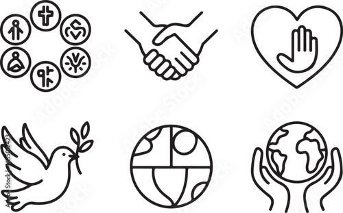 Interfaith Unity Outline Icons Multi-Faith Circle, Handshake Between Beliefs, Tolerance Heart, Peace Dove, and Global Harmony Symbols