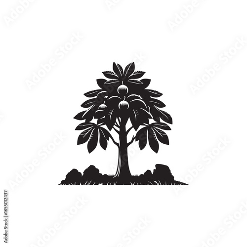 Black Color Chestnut Tree Silhouette Vector Illustration, Solid White Background.