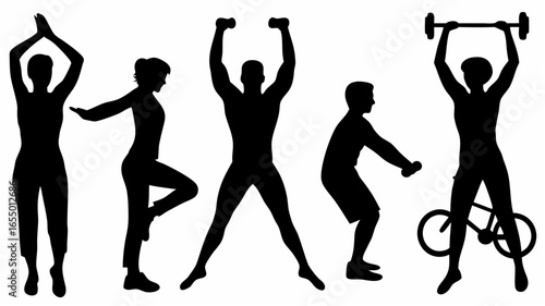Silhouette illustration showing people exercising with dumbbells and a bicycle and bodyweight moves |  editable eps vectors
