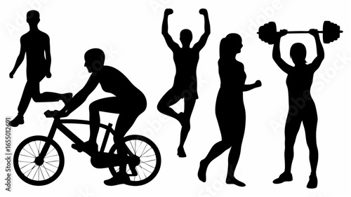 Silhouettes of people exercising with cycling walking stretching and weightlifting on white background |  editable eps vectors