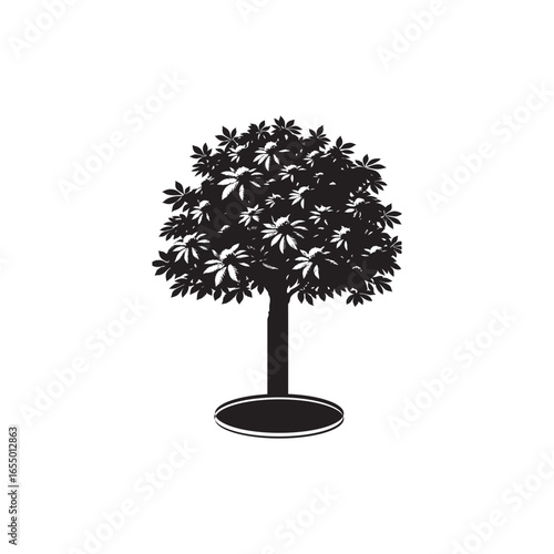 Black Color Chestnut Tree Silhouette Vector Illustration, Solid White Background.