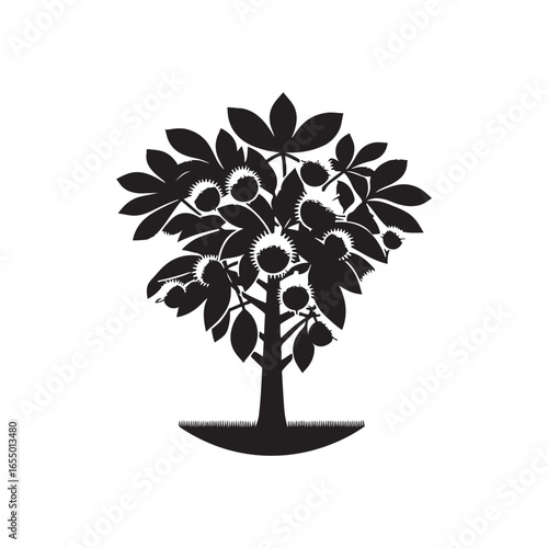 Black Color Chestnut Tree Silhouette Vector Illustration, Solid White Background.