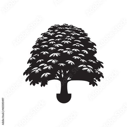 Black Color Chestnut Tree Silhouette Vector Illustration, Solid White Background.