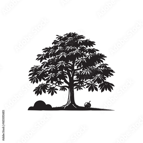 Black Color Chestnut Tree Silhouette Vector Illustration, Solid White Background.