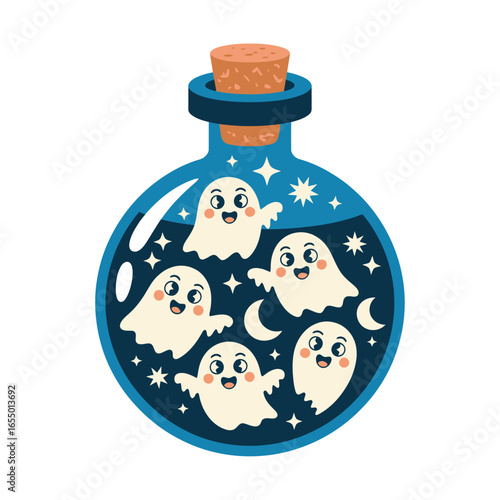 Cute ghosts trapped in a magical potion bottle